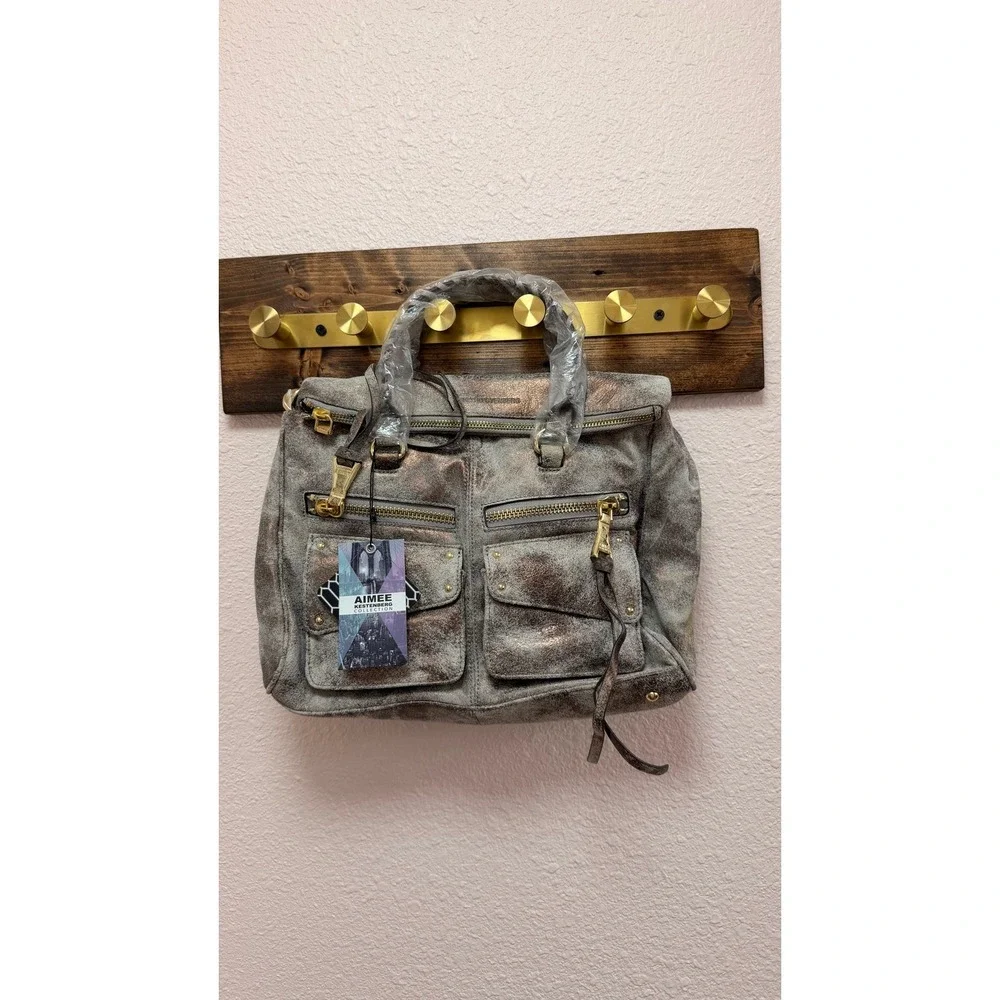 Aimee Kestenberg Women Riviera Satchel Gunmetal Leather Distressed Metallic
